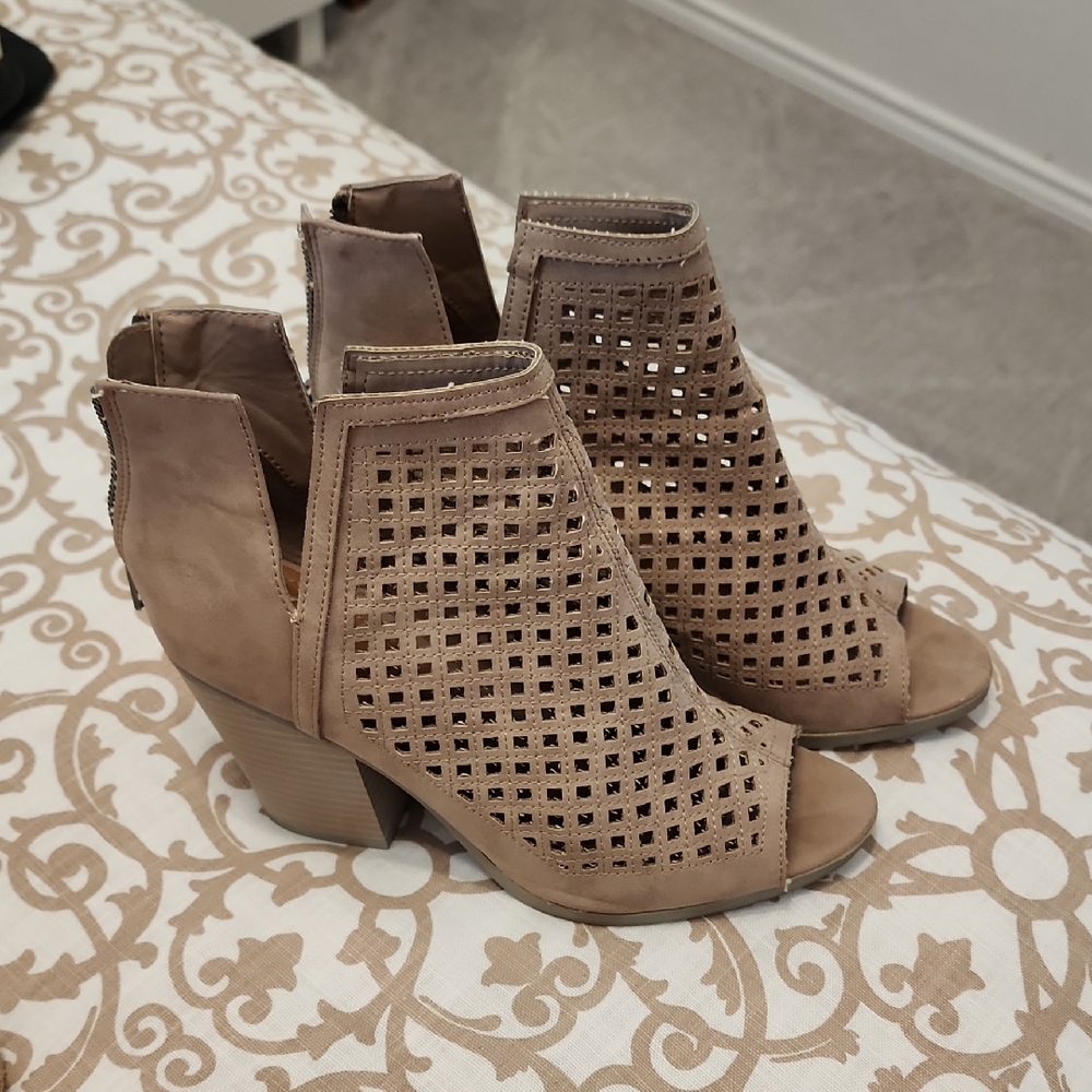 Charming Charlie Taupe Perforated Open-Toe Block Heel Booties